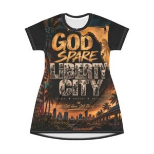 T-Shirt Dress — "God Spare Liberty City" Graphic AOP Dress