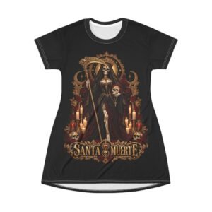 Santa Muerte T‑Shirt Dress — Gothic Grim Reaper Graphic Dress, Día de los Muertos Candle Shrine