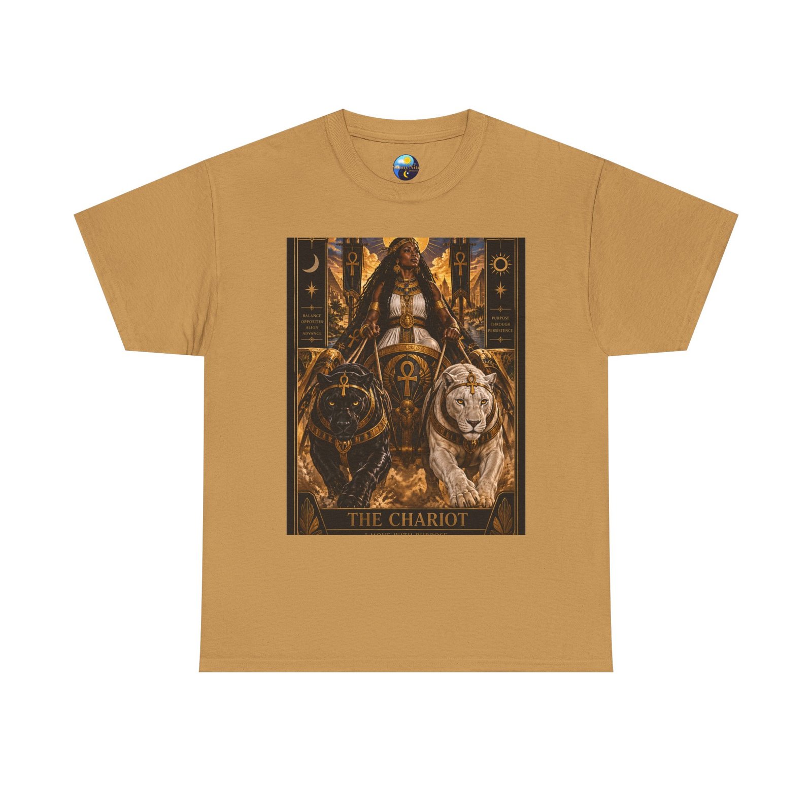 The Chariot Tarot Tee — Mystic Lion & Wheel Graphic T-Shirt